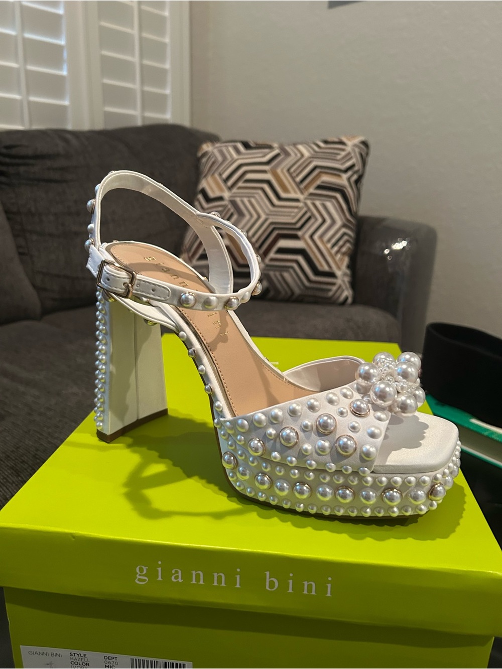 Gianni Bini White Pearl-Embellished Chunky Platform Heels